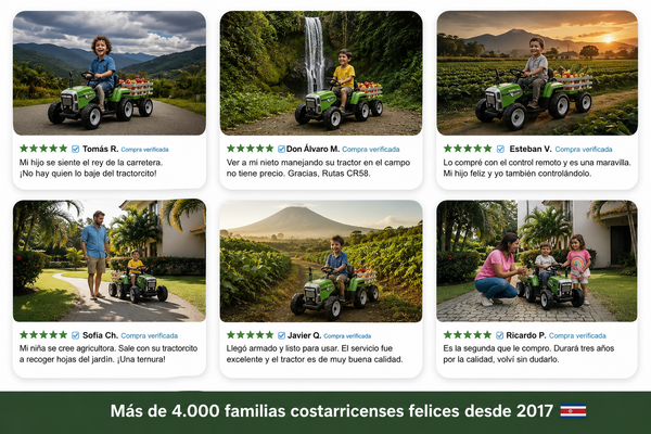 Rutas CR58 Tractor • 12 Voltios • 2 Motores • Color Verde con estacas gris • Llantas de Hule • Asiento de cuero • Control Remoto • Carreta • Hasta 5 Años • R26