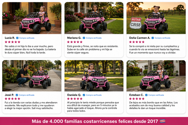 Rutas CR58 • Mulita Rose • Color Rosada • 12 Voltios • dos Motores • Llantas de plástico • 2 asientos de plásticos • Control Remoto • Hasta 5 Años • R26