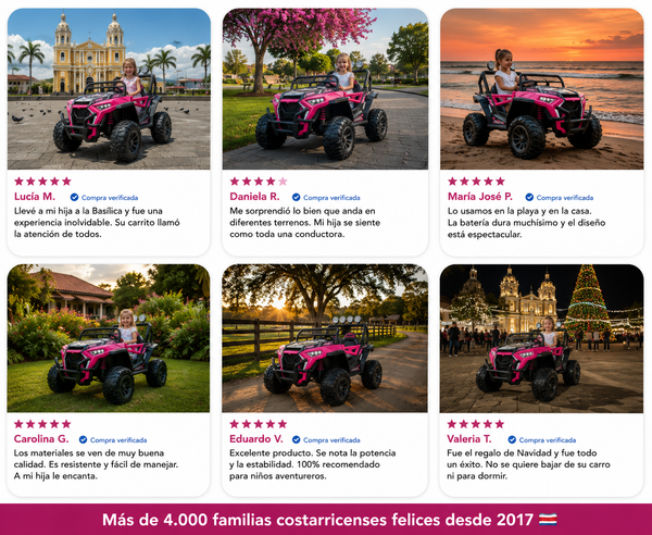 Rutas Cr58 • UTV NEL • Color Rosado • 24 Voltios • Llantas de Hule • 2 Asiento de Cuero • 4 Motores • Control Remoto • Hasta los 7 Años • R26