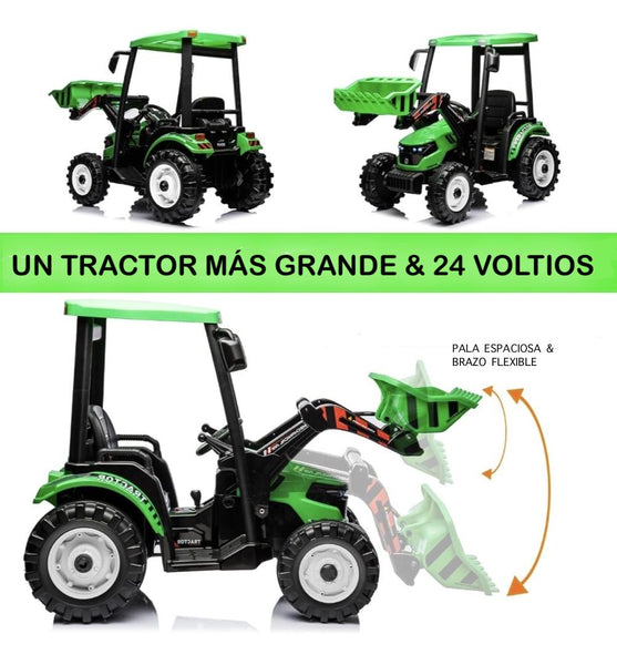 Rutas CR58 • Cosechador • 24 Voltios • 2 Motores • Color Verde • Llantas plásticas con banda de goma • Asiento plástico - Control Remoto • Carreta • Hasta 7 Años • R26