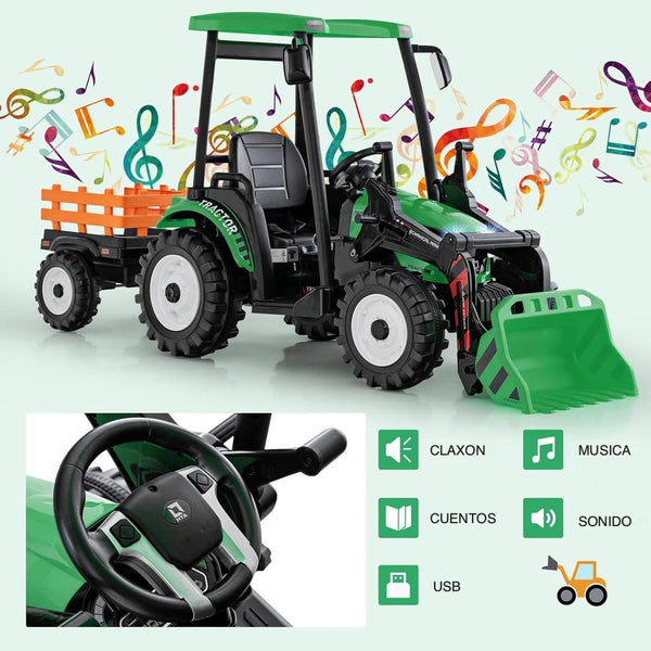 Rutas CR58 • Cosechador • 24 Voltios • 2 Motores • Color Verde • Llantas plásticas con banda de goma • Asiento plástico - Control Remoto • Carreta • Hasta 7 Años • R26