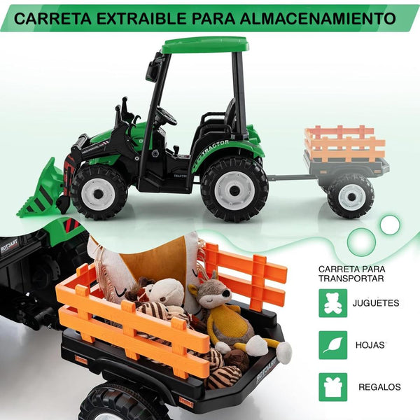 Rutas CR58 • Cosechador • 24 Voltios • 2 Motores • Color Verde • Llantas plásticas con banda de goma • Asiento plástico - Control Remoto • Carreta • Hasta 7 Años • R26