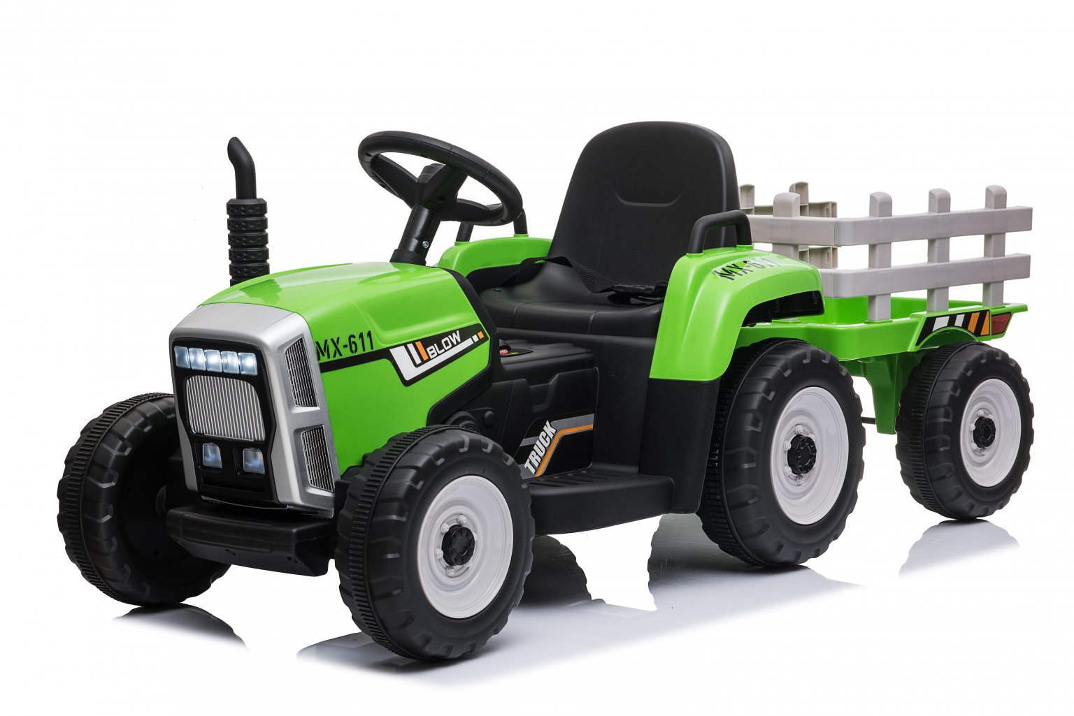 Encargo 2025 Rutas CR58 Tractor - 12 Voltios - 2 Motores - Color Verde con estacas gris - Llantas de Hule - Asiento de cuero - Control Remoto - Carreta - Hasta 5 Años
