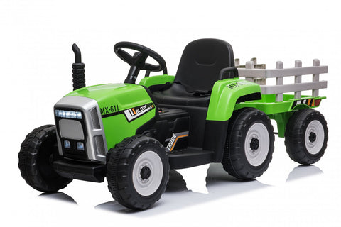 Encargo 2025 Rutas CR58 Tractor - 12 Voltios - 2 Motores - Color Verde con estacas gris - Llantas de Hule - Asiento de cuero - Control Remoto - Carreta - Hasta 5 Años