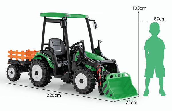 Rutas CR58 • Cosechador • 24 Voltios • 2 Motores • Color Verde • Llantas plásticas con banda de goma • Asiento plástico - Control Remoto • Carreta • Hasta 7 Años • R26