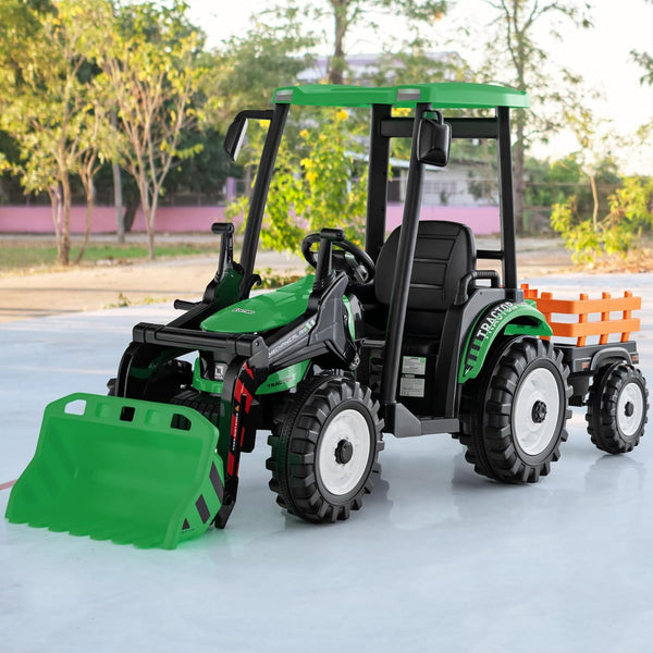 Rutas CR58 • Cosechador • 24 Voltios • 2 Motores • Color Verde • Llantas plásticas con banda de goma • Asiento plástico - Control Remoto • Carreta • Hasta 7 Años • R26