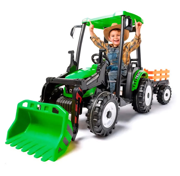 Rutas CR58 • Cosechador • 24 Voltios • 2 Motores • Color Verde • Llantas plásticas con banda de goma • Asiento plástico - Control Remoto • Carreta • Hasta 7 Años • R26