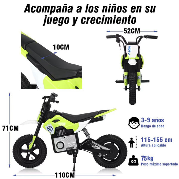 Encargo 2025 Rutas CR58 Mini Moto Cross - 24 Voltios - Verde - Llantas de hule - Asiento de cuero - Hasta 9 Años