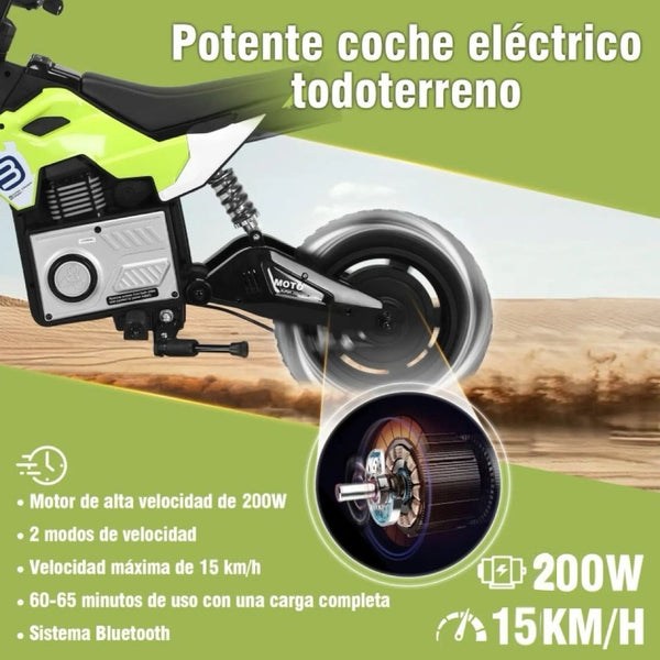 Encargo 2025 Rutas CR58 Mini Moto Cross - 24 Voltios - Verde - Llantas de hule - Asiento de cuero - Hasta 9 Años