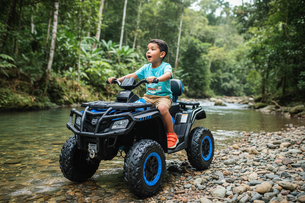 Rutas CR58 • ATV TRX • Color Azul • 24 Voltios • Llantas de hule • Asiento largo de cuero • Cuatro Motores • Hasta 8 Años • R26