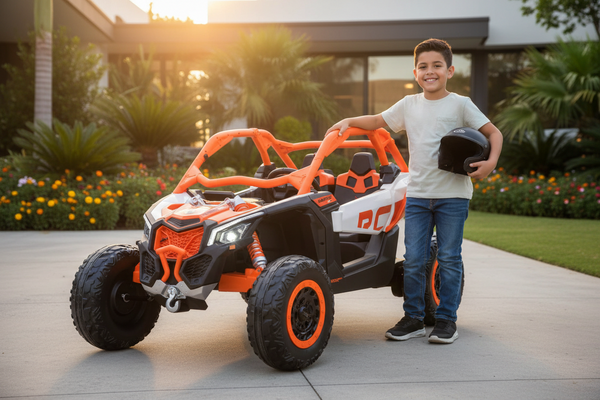 Rutas Cr58 • UTV Can-Am Maverick 24V • Naranja • Llantas de hule • 2 Asientos de cuero • Cuatro motores • Pantalla de video • Control Remoto • Hasta 8 Años • R26