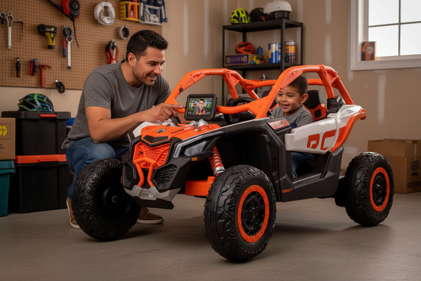 Rutas Cr58 • UTV Can-Am Maverick 24V • Naranja • Llantas de hule • 2 Asientos de cuero • Cuatro motores • Pantalla de video • Control Remoto • Hasta 8 Años • R26