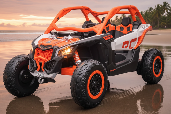 Rutas Cr58 • UTV Can-Am Maverick 24V • Naranja • Llantas de hule • 2 Asientos de cuero • Cuatro motores • Pantalla de video • Control Remoto • Hasta 8 Años • R26