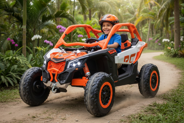 Rutas Cr58 • UTV Can-Am Maverick 24V • Naranja • Llantas de hule • 2 Asientos de cuero • Cuatro motores • Pantalla de video • Control Remoto • Hasta 8 Años • R26