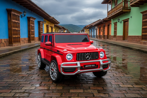 Rutas CR58 - Mercedes G63 • Rojo • 12 Voltios • Dos Motores •  Llantas de hule • Dos asientos de cuero • Control Remoto • Hasta 8 Años • R26