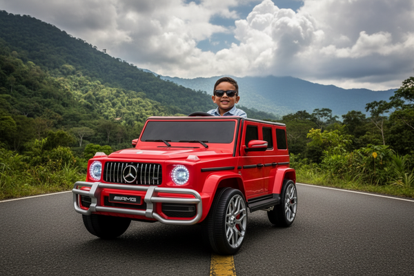 Rutas CR58 - Mercedes G63 • Rojo • 12 Voltios • Dos Motores •  Llantas de hule • Dos asientos de cuero • Control Remoto • Hasta 8 Años • R26