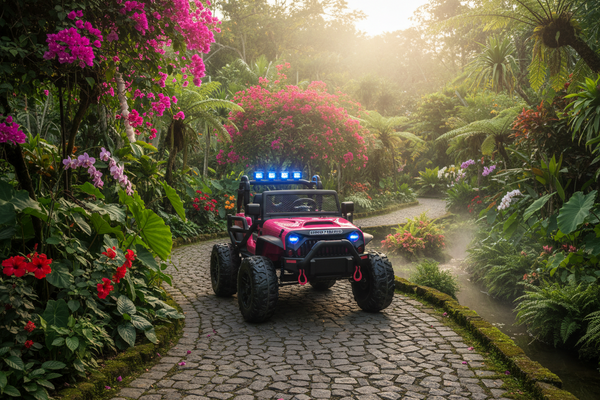 Rutas CR58 • Estilo Jeep Brothers • Rosa Claro • 24 Voltios • Llantas de Hule • 2 Asientos de cuero • 4 Motores • Control Remoto •  Hasta 7 años • R26
