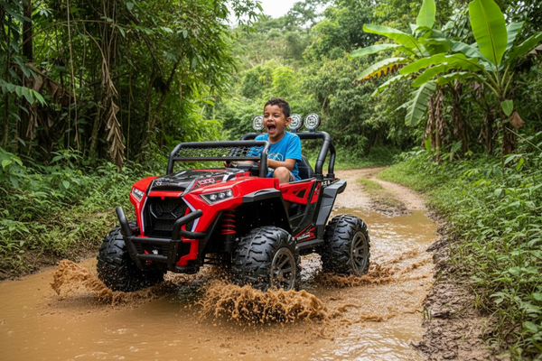 Rutas Cr58 • UTV NEL • Color Rojo • 24 Voltios • Llantas de Hule • 2 Asiento de Cuero • 4 Motores • Control Remoto • Hasta los 7 Años • R26