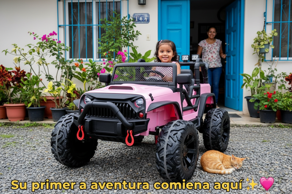 Rutas CR58 • Estilo Jeep Brothers • Rosa Claro • 24 Voltios • Llantas de Hule • 2 Asientos de cuero • 4 Motores • Control Remoto •  Hasta 7 años • R26