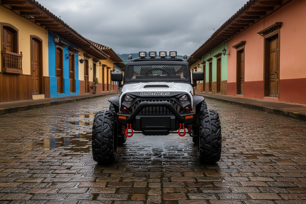Rutas CR58 • Estilo Jeep Brothers • Blanco • 24 Voltios • Llantas de Hule • 2 Asientos de cuero • Cuatro Motores • Control Remoto • Hasta 7 años • R26
