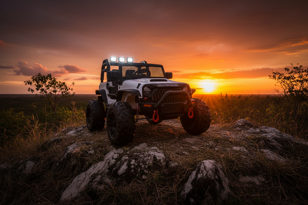 Rutas CR58 • Estilo Jeep Brothers • Blanco • 24 Voltios • Llantas de Hule • 2 Asientos de cuero • Cuatro Motores • Control Remoto • Hasta 7 años • R26