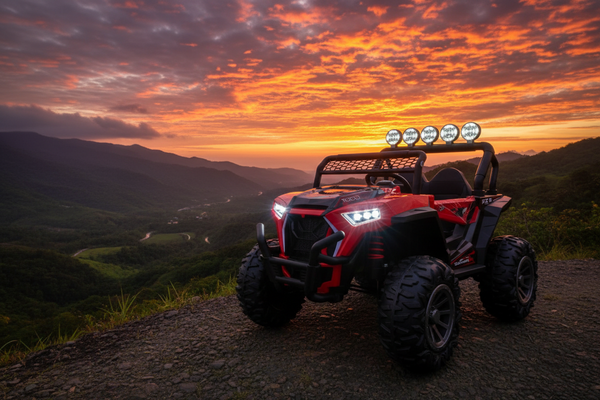 Rutas Cr58 • UTV NEL • Color Rojo • 24 Voltios • Llantas de Hule • 2 Asiento de Cuero • 4 Motores • Control Remoto • Hasta los 7 Años • R26
