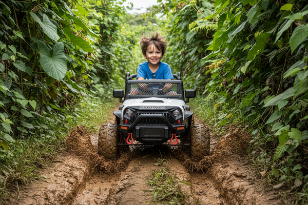 Rutas CR58 • Estilo Jeep Brothers • Blanco • 24 Voltios • Llantas de Hule • 2 Asientos de cuero • Cuatro Motores • Control Remoto • Hasta 7 años • R26