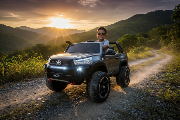 Rutas Cr58 • Toyota Hilux • Pintura Pulverizada Gris • 24 voltios • Llantas de Hule • 2 Asientos de cuero • 2 Motores • Pantalla de Video • Control remoto • Hasta 8 Años • R26