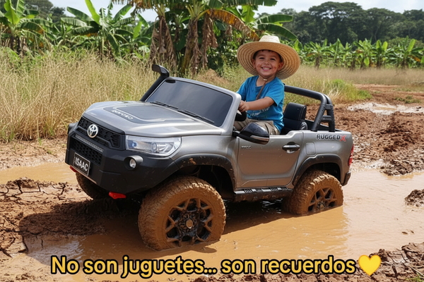 Rutas Cr58 • Toyota Hilux • Pintura Pulverizada Gris • 24 voltios • Llantas de Hule • 2 Asientos de cuero • 2 Motores • Pantalla de Video • Control remoto • Hasta 8 Años • R26