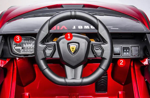 2023 Rutas Cr58 Estilo Lamborghini - Rojo - 12 Voltios - Llantas de Hule - Asiento de Cuero - 2 Motores - Control Remoto - Hasta los 5 Años