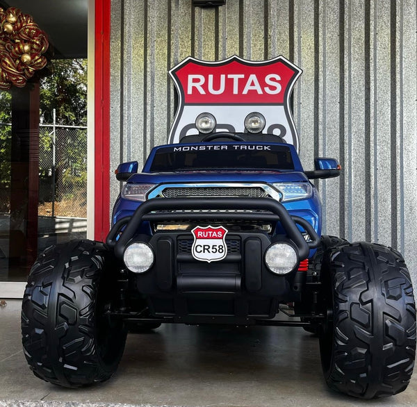 2023 RUTAS CR58 Monster Truck- Azul 12V - Llantas de hule - Asientos de cuero - 4x4 con Control Remoto - Hasta los 7 años