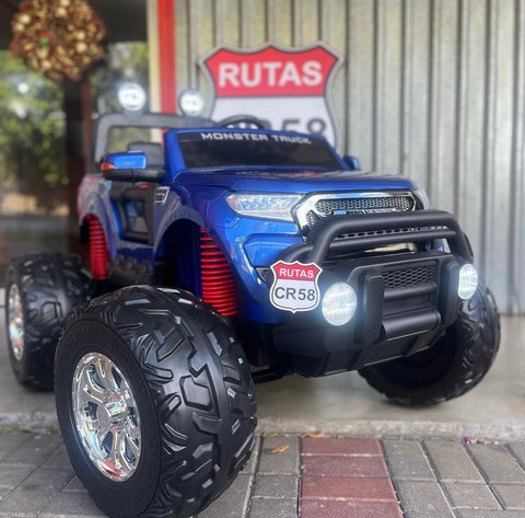 2025 RUTAS CR58 Monster Truck- Azul 12V - Llantas de hule - Asientos de cuero - 4x4 con Control Remoto - Hasta los 7 años