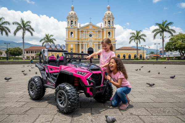 Rutas Cr58 • UTV NEL • Color Rosado • 12 Voltios • Llantas de Hule • 2 Asiento de Cuero • 4 Motores • Control Remoto • Hasta los 7 Años • R26