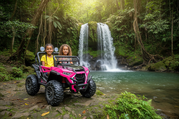 Rutas Cr58 • UTV NEL • Color Rosado • 12 Voltios • Llantas de Hule • 2 Asiento de Cuero • 4 Motores • Control Remoto • Hasta los 7 Años • R26
