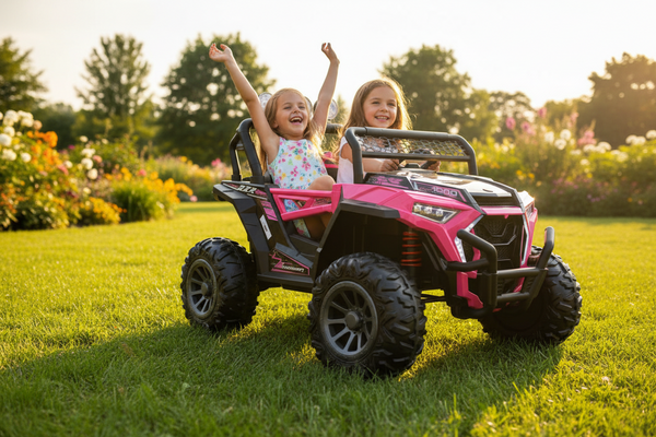 Rutas Cr58 • UTV NEL • Color Rosado • 12 Voltios • Llantas de Hule • 2 Asiento de Cuero • 4 Motores • Control Remoto • Hasta los 7 Años • R26