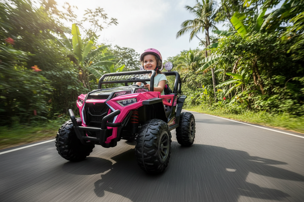 Rutas Cr58 • UTV NEL • Color Rosado • 24 Voltios • Llantas de Hule • 2 Asiento de Cuero • 4 Motores • Control Remoto • Hasta los 7 Años • R26
