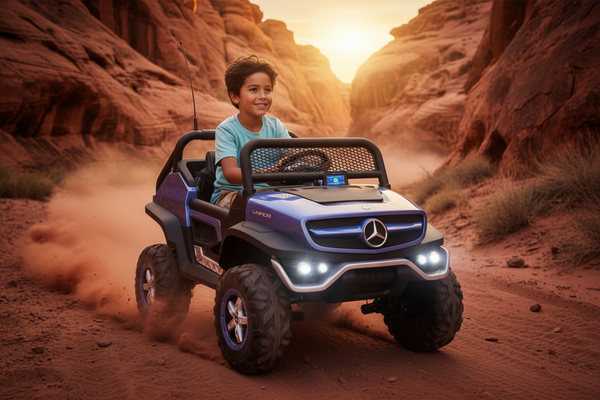 Rutas CR58 • Mercedes Benz Unimog • Color Azul • 24 Voltios • Llantas de hule • 2 Asientos de cuero • 4 Motores • Pantalla de Video • Control Remoto • Hasta los 10 años • R26