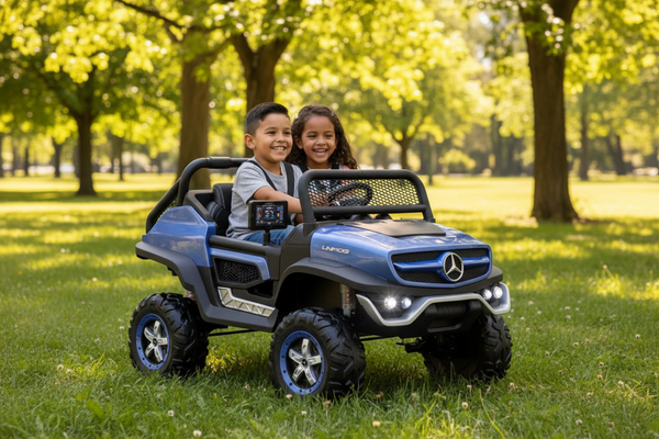 Rutas CR58 • Mercedes Benz Unimog • Color Azul • 24 Voltios • Llantas de hule • 2 Asientos de cuero • 4 Motores • Pantalla de Video • Control Remoto • Hasta los 10 años • R26