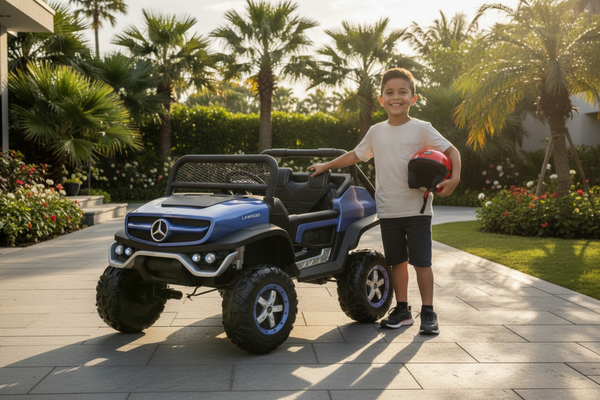 Rutas CR58 • Mercedes Benz Unimog • Color Azul • 24 Voltios • Llantas de hule • 2 Asientos de cuero • 4 Motores • Pantalla de Video • Control Remoto • Hasta los 10 años • R26