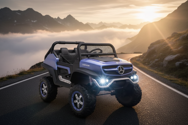 Rutas CR58 • Mercedes Benz Unimog • Color Azul • 24 Voltios • Llantas de hule • 2 Asientos de cuero • 4 Motores • Pantalla de Video • Control Remoto • Hasta los 10 años • R26