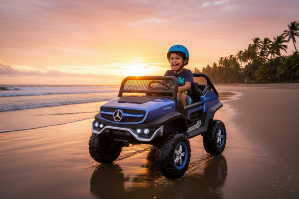 Rutas CR58 • Mercedes Benz Unimog • Color Azul • 24 Voltios • Llantas de hule • 2 Asientos de cuero • 4 Motores • Pantalla de Video • Control Remoto • Hasta los 10 años • R26
