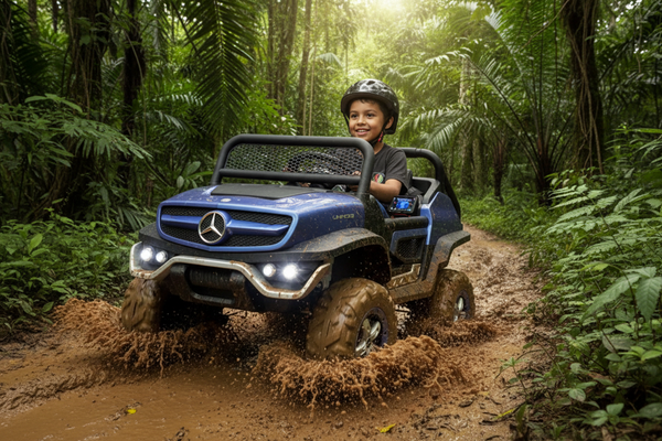 Rutas CR58 • Mercedes Benz Unimog • Color Azul • 24 Voltios • Llantas de hule • 2 Asientos de cuero • 4 Motores • Pantalla de Video • Control Remoto • Hasta los 10 años • R26