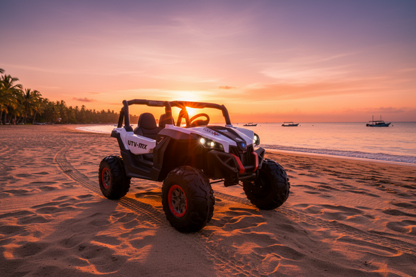 Rutas CR58 • UTV MX • Blanco • 12 Voltios • Llantas de hule • 2 Asientos de cuero • Cuatro motores • Pantalla de video • Control Remoto • Hasta 8 Años • R26