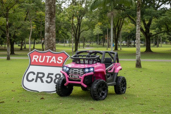 Rutas CR58 • Mulita Rose • Color Rosada • 12 Voltios • dos Motores • Llantas de plástico • 2 asientos de plásticos • Control Remoto • Hasta 5 Años • R26