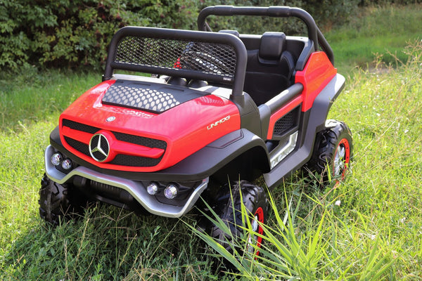 2024 Rutas CR58 Mercedes Benz Unimog - 12V - 4 motores - Color Rojo - llantas de Hule - Doble Asiento Plástico - Control remoto - Hasta 10 Años