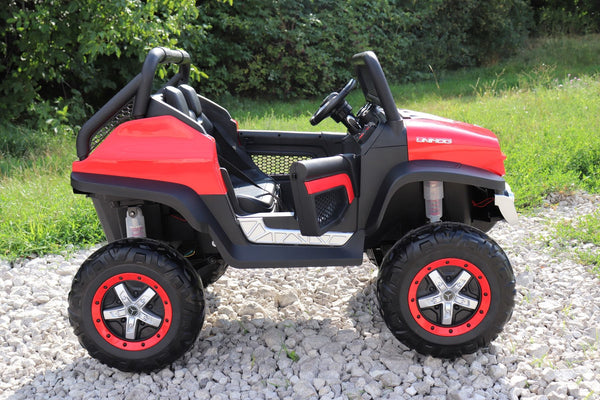 2024 Rutas CR58 Mercedes Benz Unimog - 12V - 4 motores - Color Rojo - llantas de Hule - Doble Asiento Plástico - Control remoto - Hasta 10 Años