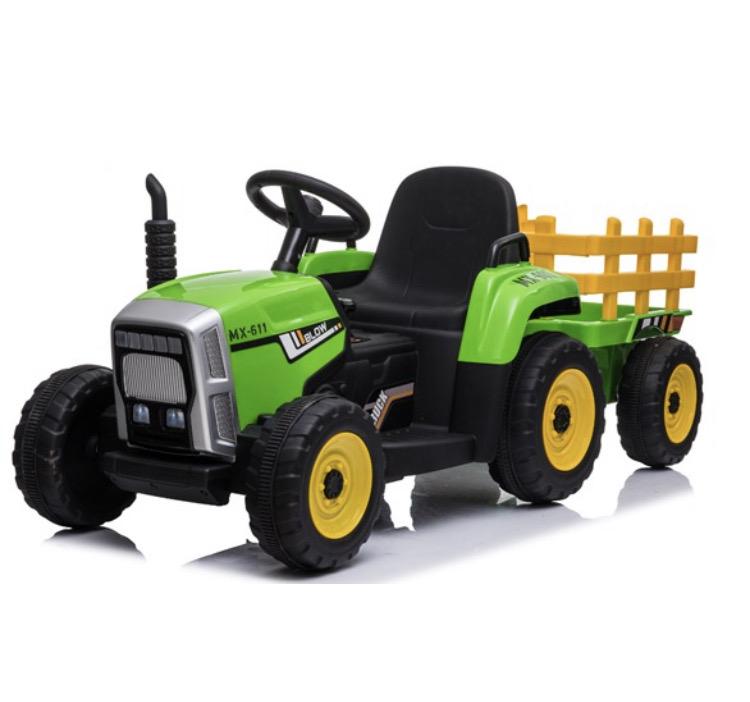 2023 Rutas CR58 Tractor 12V - Color Verde con estacas amarillas - Llantas de Hule - Asiento plástico - Control Remoto - Carreta - Hasta 5 Años