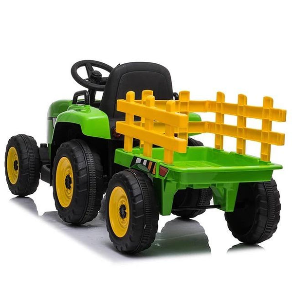 2023 Rutas CR58 Tractor 12V - Color Verde con estacas amarillas - Llantas de Hule - Asiento plástico - Control Remoto - Carreta - Hasta 5 Años