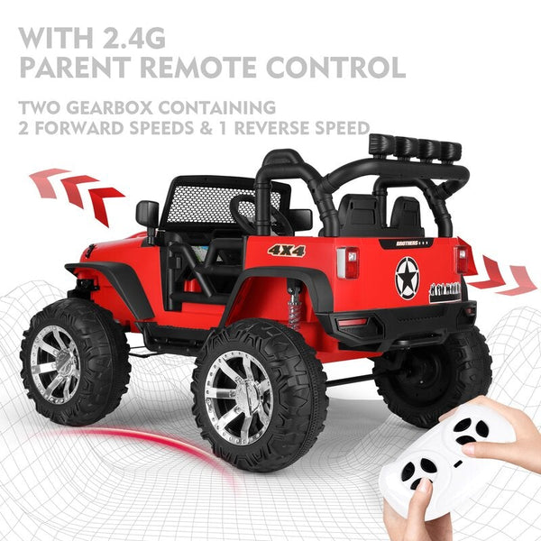 2022 Rutas CR58 estilo Jeep Brothers 12v - Asientos de cuero - 4x4 - Control Remoto - Llantas de hule - Color Rojo con Pantalla