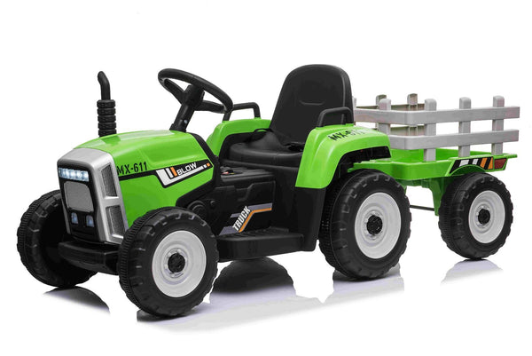2022 Rutas CR58 Tractor 12V - Color Verde con estacas gris - Llantas de Hule - Asiento de plástico - Control Remoto - Carreta